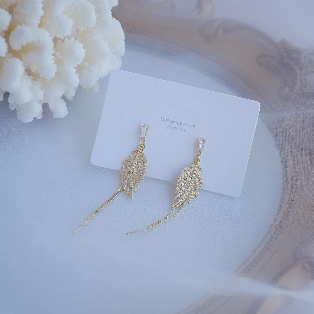 #NEW 14K Gold Plated Diamond Leaf Tassel Earrings